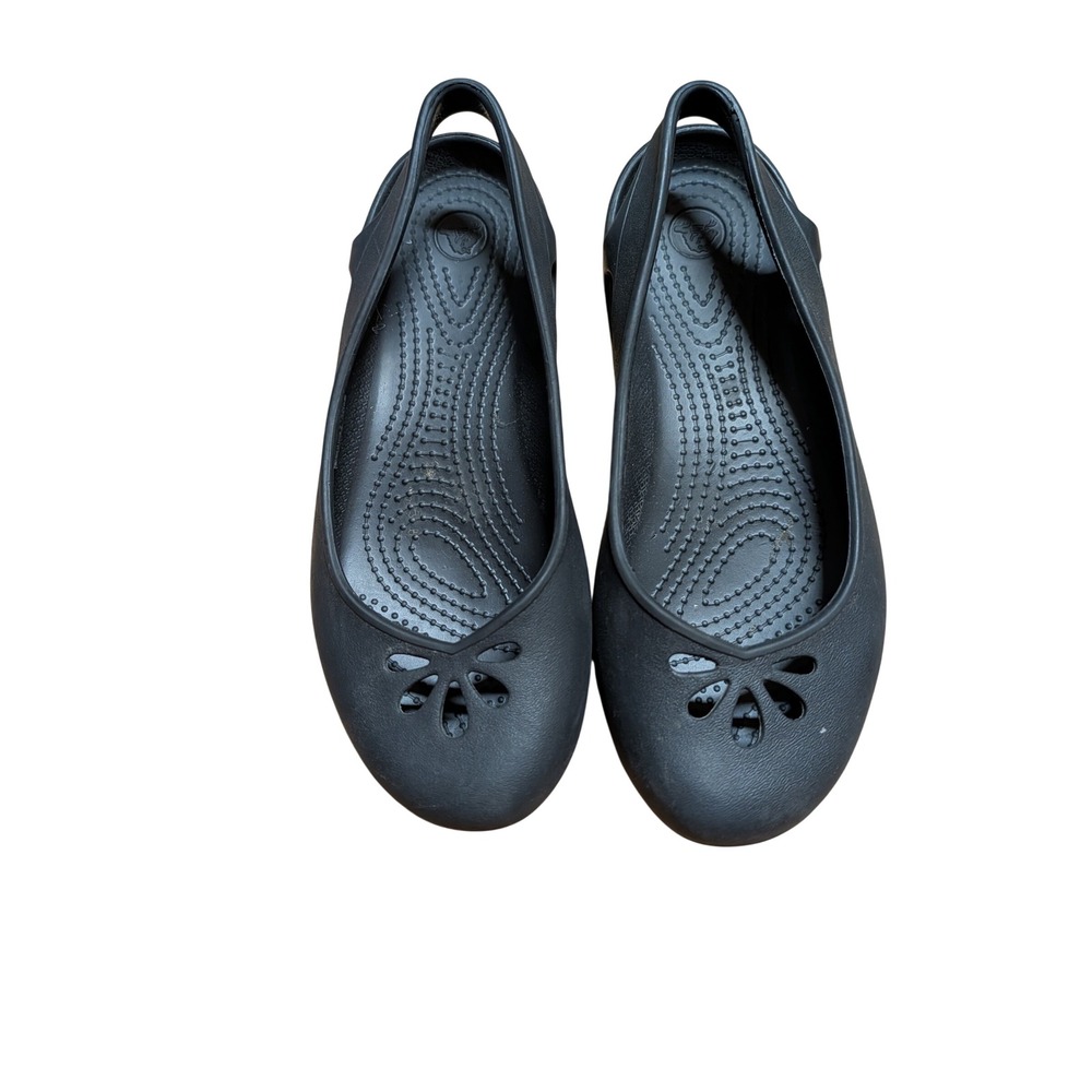 Crocs Olivia Flat Womens 7 Black Good Slingback Petal Cutout Comfort Shoe